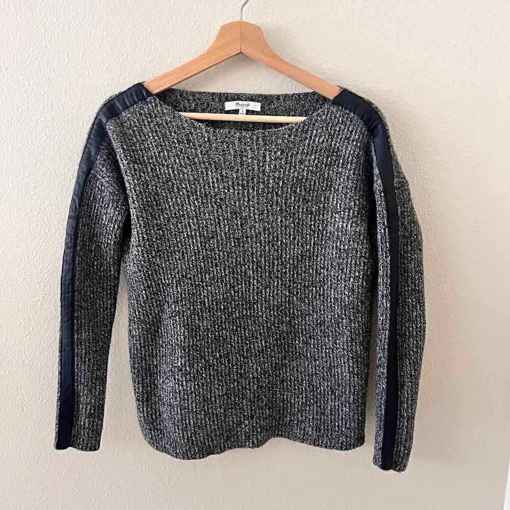 Madewell Merino Wool Marled Gray Leather Trim Ribbed Boatneck Sweater S‌‌‌‌‌‌‌‌